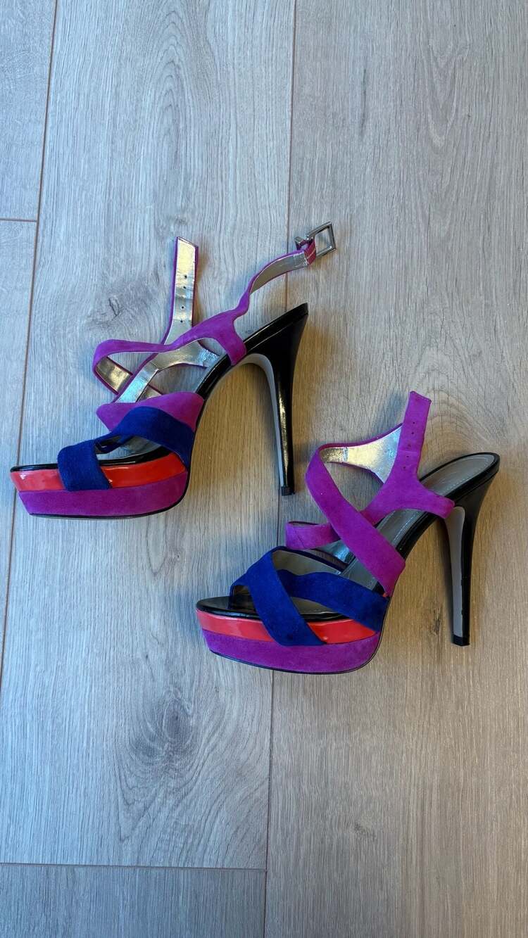 Jessica Simpson ENDO Size 7.5 Multi Colorblock Suede Platform Heels